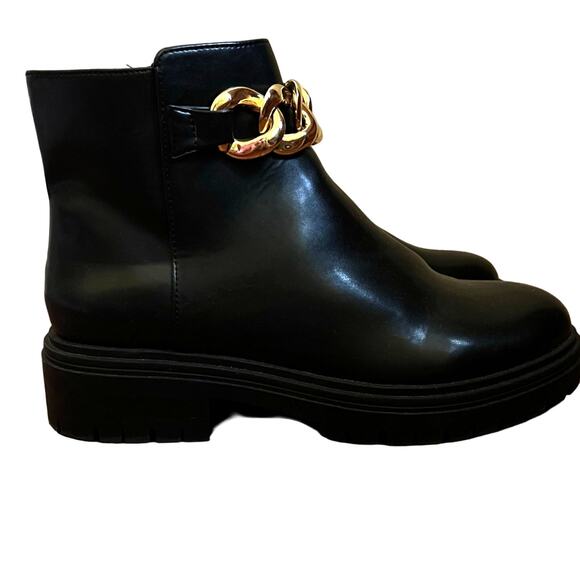 INC International Concepts Black Combat Ankle Boots Size 7M Gold Braid Bikercore - Picture 16 of 16